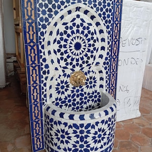 blue Authentic Moroccan Zellige Mosaic Fountain  - Wall Mounted Water Feature  - Mid Century Garden Decor -Indoor and Outdoor Tile Fountain