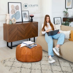 Authentic Handcrafted Ottoman Leather Pouf-Round Leather  Ottoman,Leather Living Room Pouf-Square Leather-light Brown Leather Coffee Table