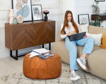 Authentic Handcrafted Ottoman Leather Pouf-Round Leather  Ottoman,Leather Living Room Pouf-Square Leather-light Brown Leather Coffee Table