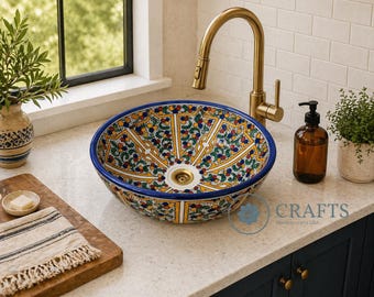 Moroccan Ceramic Vessel, Colorful Handmade Bathroom Basin, Boho Vanity Decor