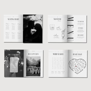 May include: A wedding invitation booklet featuring black and white images and text. The booklet includes a seating chart, a signature drinks menu, a word search puzzle, a heart maze, and photographs of the couple and the wedding reception.