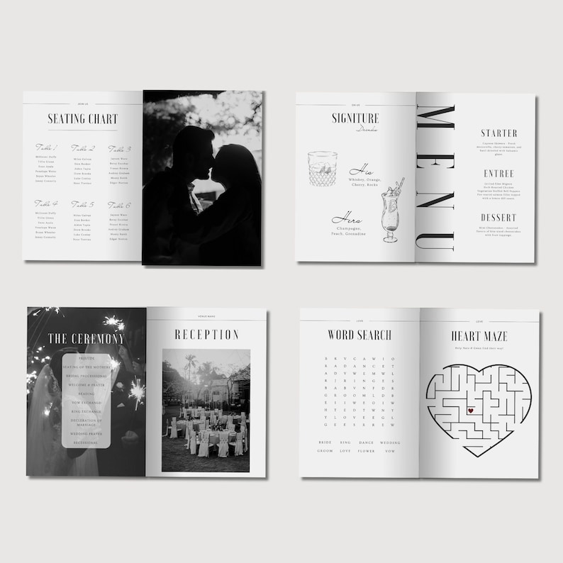 May include: A wedding invitation booklet featuring black and white images and text. The booklet includes a seating chart, a signature drinks menu, a word search puzzle, a heart maze, and photographs of the couple and the wedding reception.
