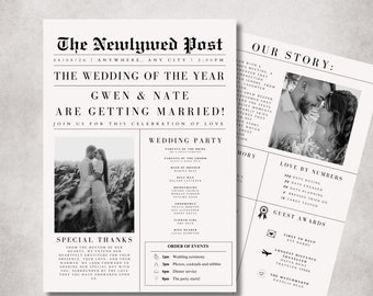 Newspaper Wedding Program Template, Wedding Itinerary, Wedding Newspaper, Wedding Crossword, Printable Wedding Programs, Wedding Program.