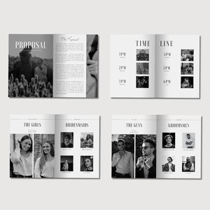 May include: Black and white wedding photo album featuring a timeline, a proposal story, and photographs of the wedding party. The album includes the names of the bridesmaids, groomsmen, and the bride and groom.