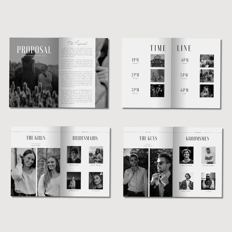 May include: Black and white wedding photo album featuring a timeline, a proposal story, and photographs of the wedding party. The album includes the names of the bridesmaids, groomsmen, and the bride and groom.