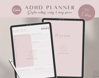 May include: Two digital tablets showcasing an ADHD planner. The planner includes a daily plan layout with sections for scheduling, focus, priorities, and to-do lists. The text "ADHD PLANNER" is visible, along with "Digital monthly, weekly & daily planner."