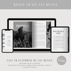 May include: A mockup of a wedding photo album with a black and white colour scheme. The album features a photo of a couple on the cover with the word "Proposal" in a decorative font. The album is shown on a laptop screen, along with a smaller screen showing a menu and a tablet screen showing a page with the text "Dear Friends & Family". The text "Resize to fit any device" and "Easy to customize on any device" is displayed at the top and bottom of the image, respectively. The text "Made in Canva" is displayed in a circle at the bottom right corner of the image.