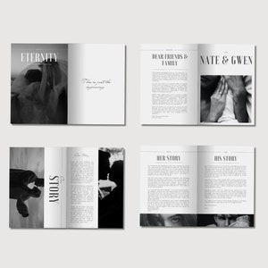 May include: A wedding magazine spread featuring black and white photographs of a couple. The magazine cover displays the word "Eternity" in a bold, serif typeface. The text "Dear Friends & Family" and "Nate & Gwen" are also visible on the spread. The magazine includes the text "Our Story", "Her Story", and "His Story" with text about the couple's relationship.