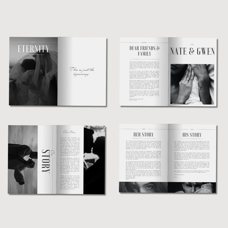 May include: A wedding magazine spread featuring black and white photographs of a couple. The magazine cover displays the word "Eternity" in a bold, serif typeface. The text "Dear Friends & Family" and "Nate & Gwen" are also visible on the spread. The magazine includes the text "Our Story", "Her Story", and "His Story" with text about the couple's relationship.