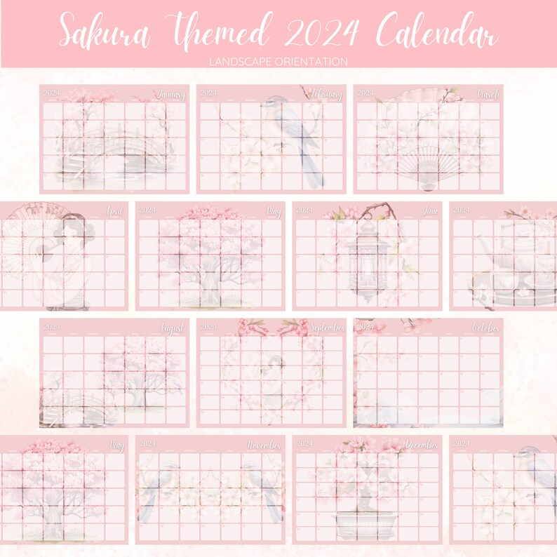 Digital 2024 Monthly Calendar Sakura Themed Printable 2024 Landscape