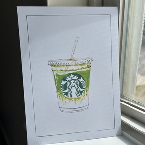 Starbucks matcha latte, summer drinks watercolor print, iced latte