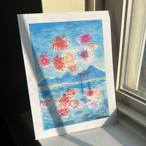 Fireworks in Japan over the mountains, Lake Nojiri summer fireworks, watercolor print, Japanese Torii