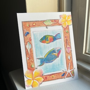 Tropical Parrot Fish Print: Colored Pencil Drawing with Plumeria