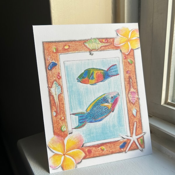 Colorful tropical parrot fish, colored pencil parrot fish with plumeria and sea glass border