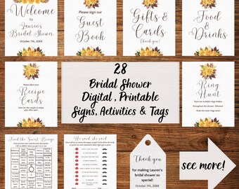 May include: A set of 28 printable bridal shower signs, activities, and tags featuring a fall theme with yellow and orange flowers. The signs include "Welcome to Lauren's Bridal Shower", "Please sign our Guest Book", "Gifts & Cards", "Food & Drinks", "Recipe Cards", "Ring Hunt", "Find the Guest Bingo", "He Said She Said", and "Thank You for making Lauren's bridal shower so special!"