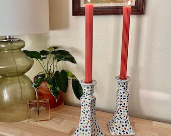 Two vintage confetti mosaic 8.5” ceramic candlesticks, multicolor taper holders