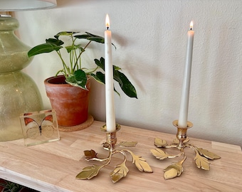 Pair of vintage solid brass footed candlesticks, leaf theme taper holders