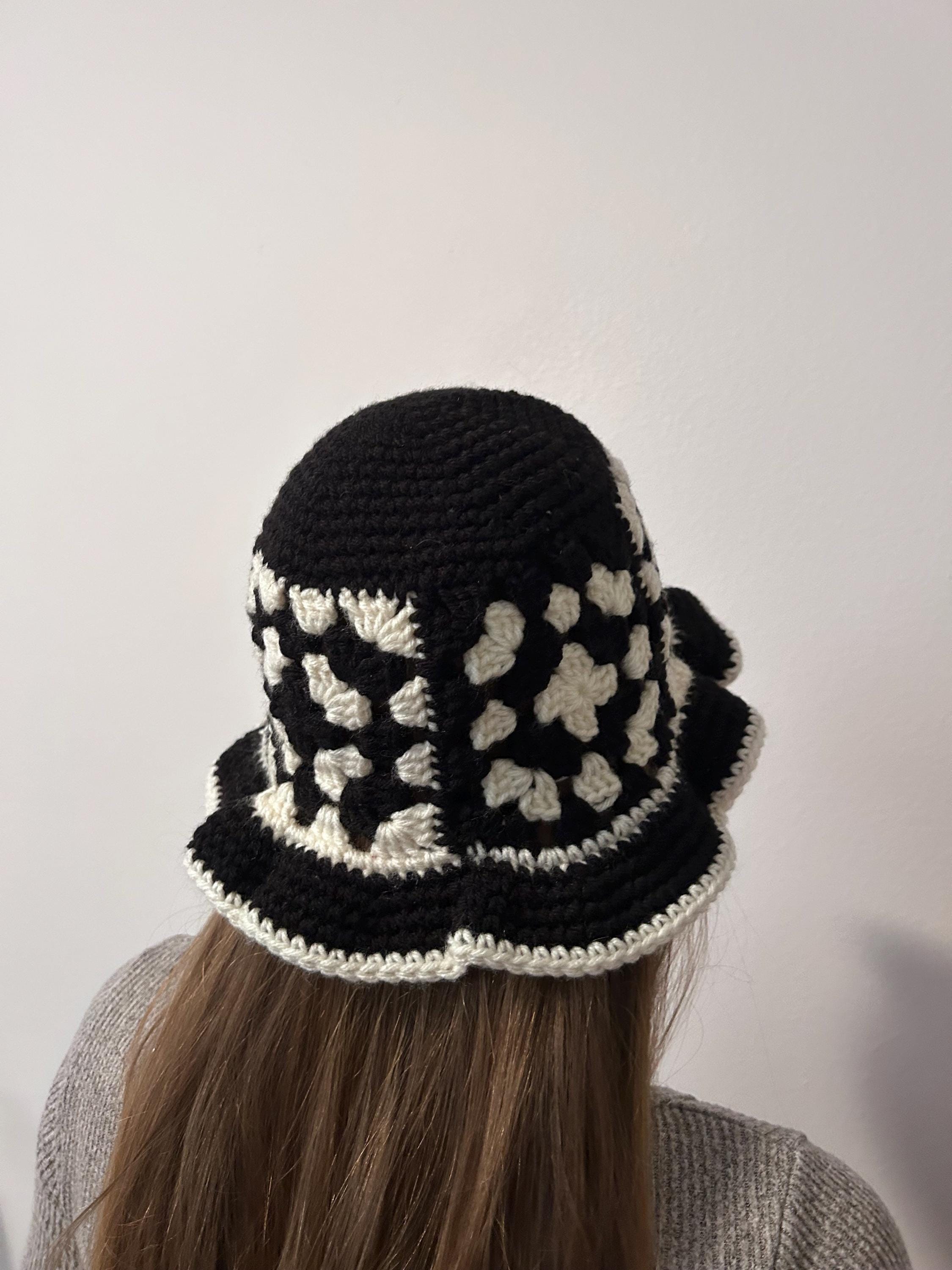 Black-and-White Granny Square Bucket Hat