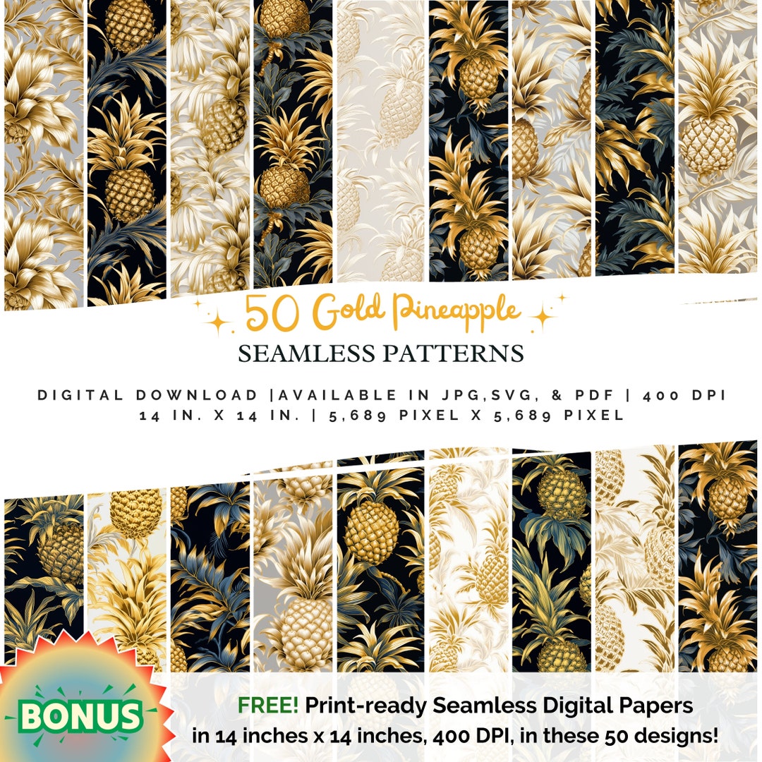 50 Gold Pineapple Seamless Patterns, Pineappl, Digital Wall Papered ...