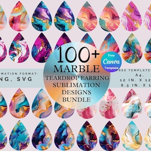 May include: A collection of over 100 marble teardrop earring sublimation designs. The designs feature colorful swirls of pink, blue, gold, and purple. The image includes text that says "100+ Marble Teardrop Earring Sublimation Designs Bundle".
