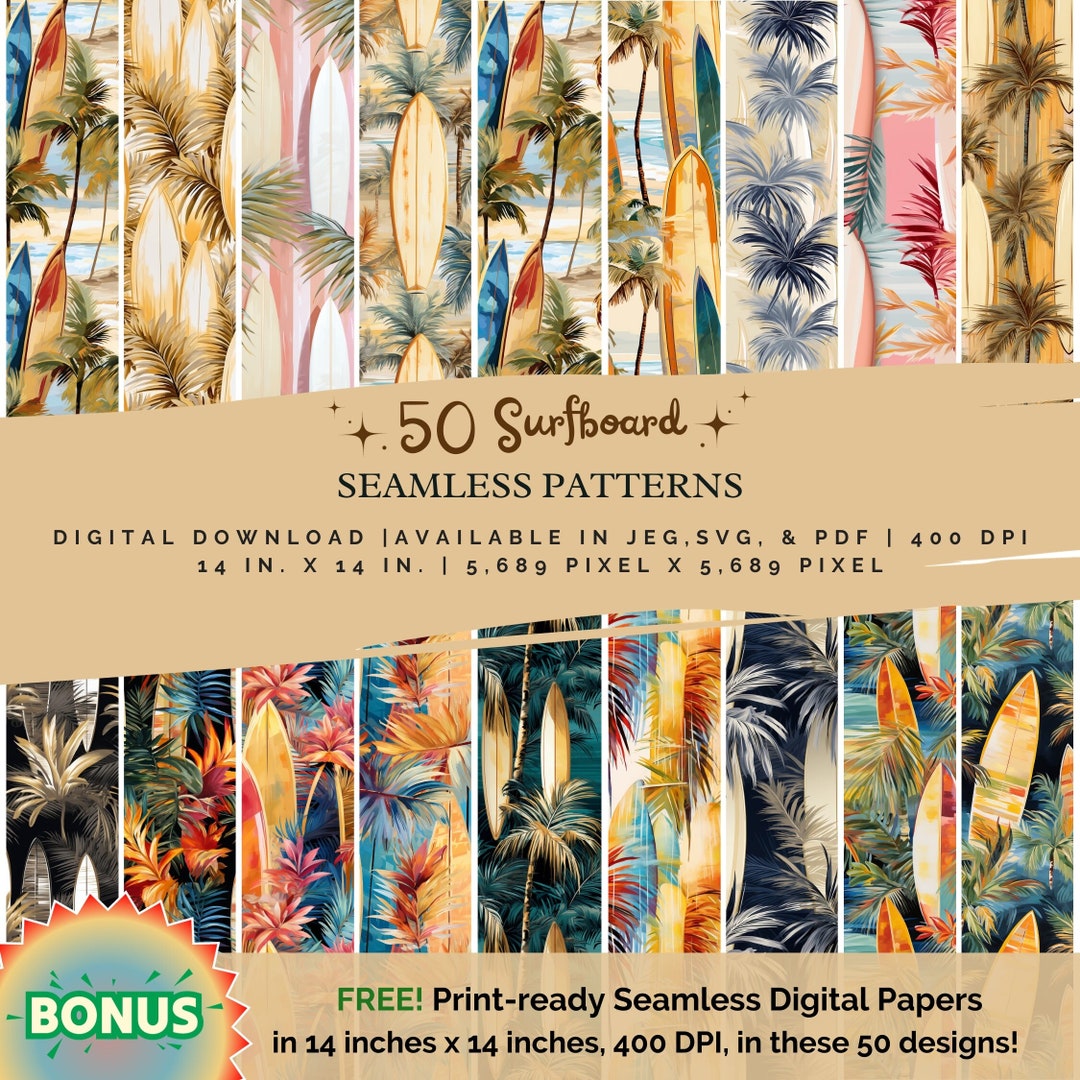 50 Surfboard Seamless Patterns, Surf Board, Digital Papered, Seam Less ...