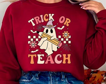 Trick or Teach Shirt, Teacher Halloween Shirt, Spooky Teacher Shirt, Retro Ghost Teacher Tee, Funny Fall Teacher Top, Cute Halloween Teacher