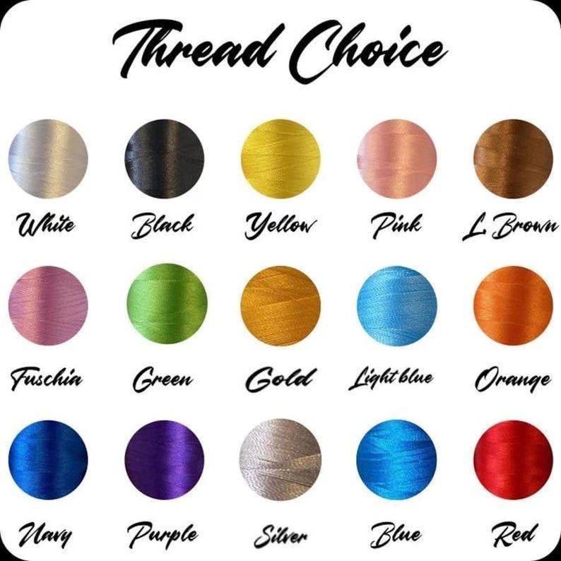 a collection of twelve different thread colors, each with a corresponding label, arranged in a grid format.