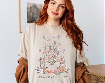 Happiest Place on Earth Mickey Castle Floral T-shirt, Disney Trip Shirt, Disney Sweatshirt, Magic Kingdom Shirt, Disneyland Shirt