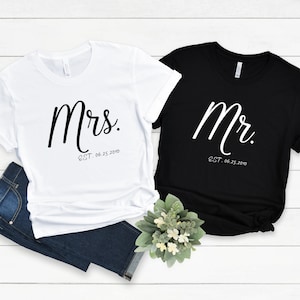 Mrs and Mrs Est. Personalized Date T-Shirt, Custom Husband and Wife Couples Honeymoon T-shirt, Matching Wedding Shirt, Wedding Party Tee