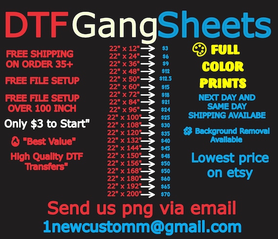 Custom Gang Sheet, Full Color DTF Transfers, Ready to Apply Heat Transfer, Express DTF Printing, Direct to Film Prints, Bulk DTF Sheets
