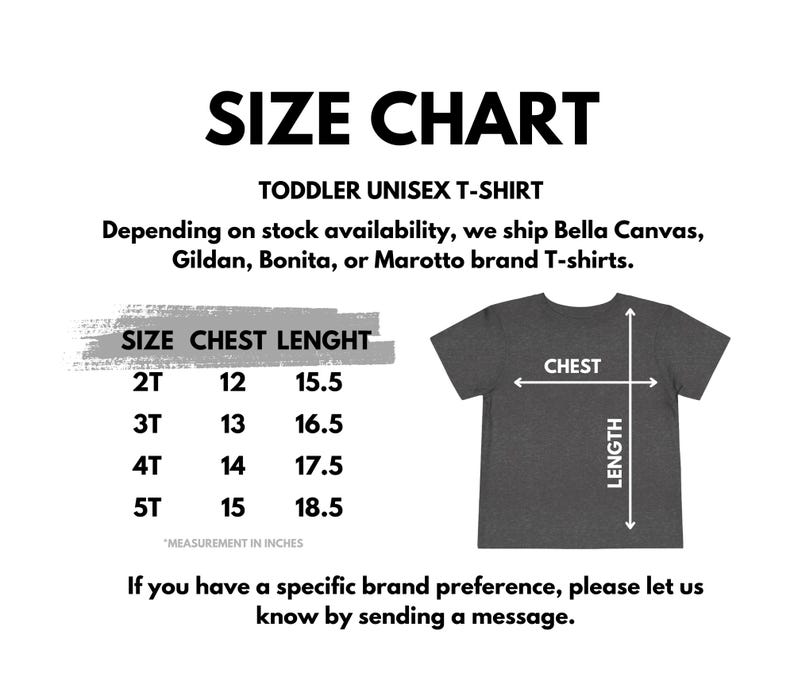 Puede incluir: Tabla de tallas para camisetas unisex para ni&ntilde;os peque&ntilde;os. La tabla incluye medidas de pecho y largo en pulgadas para las tallas 2T a 5T. La imagen tambi&eacute;n muestra una camiseta gris con flechas.