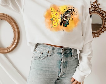 Sunflower Butterfly Shirt Sunflowers Butterflies Sweatshirt Floral Butterfly Shirt for Women Fall Floral Sweatshirt Gift for Her