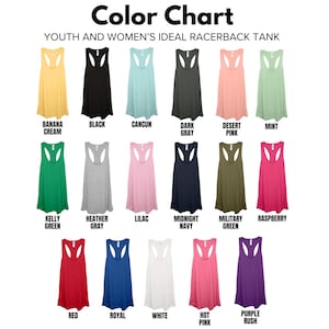May include: A colour chart displaying racerback tank tops in a range of colours, such as yellow, black, blue, green, pink, and purple. The text reads "YOUTH AND WOMEN'S IDEAL RACERBACK TANK". Each tank top is labelled with its colour name.
