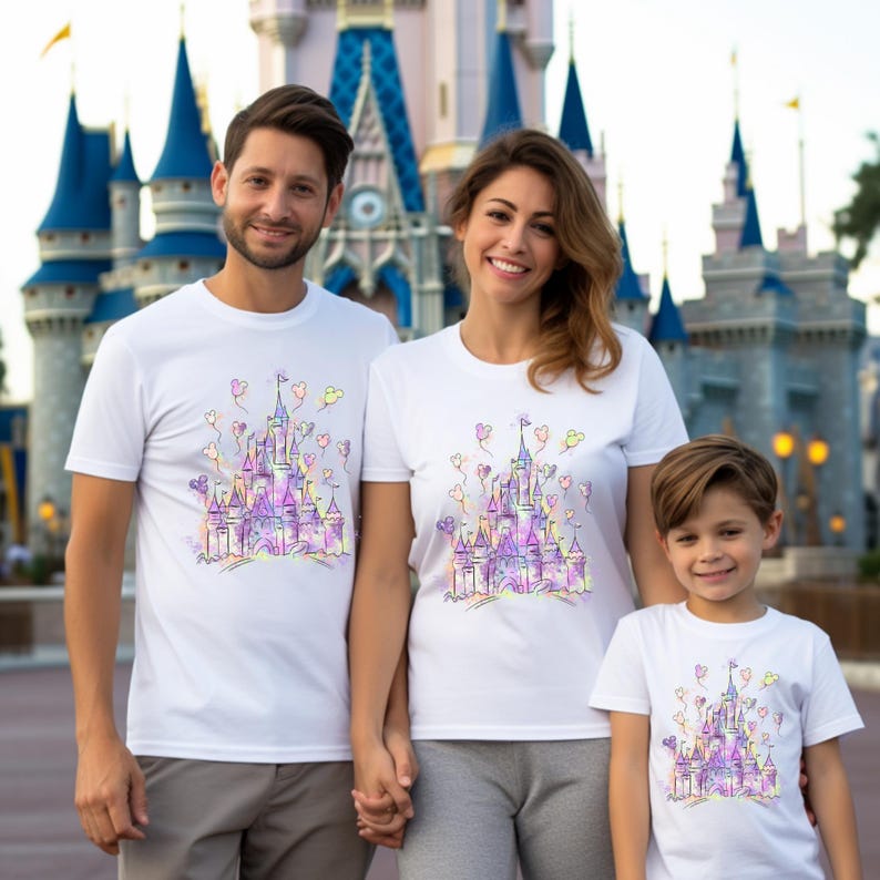 Puede incluir: Camisetas blancas con un dise&ntilde;o de castillo colorido. El dise&ntilde;o presenta un castillo con detalles en morado, rosa y amarillo, junto con globos en forma de coraz&oacute;n. Las camisetas son usadas por una familia frente a un castillo.