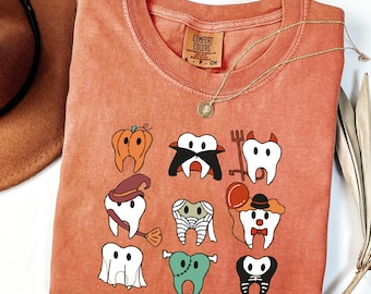 Comfort Colors® Spooky Halloween Dentist Shirt, Dental Halloween Shirt, Dental Hygiene Shirt, Dental Office Tee, Halloween Gift for Dentists