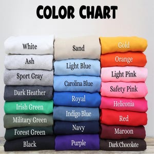 A color chart displaying various colored shirts, each with a corresponding color name.