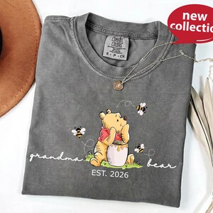 A gray t-shirt with a Winnie the Pooh graphic and the text "Grandma Bear" printed on it, along with a necklace and a brown hat.