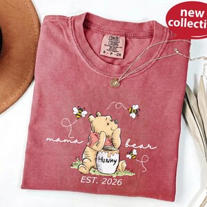 A pink t-shirt with a Winnie the Pooh character and the text "mama bear" printed on it, along with a necklace and a hat.