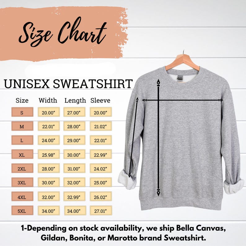 Puede incluir: Una sudadera unisex gris claro colgada de una percha de madera. Se muestra una tabla de tallas, que muestra las medidas en pulgadas de ancho, largo y largo de manga. La tabla incluye tallas de la S a la 5XL. El texto "Size Chart" est&aacute; en la parte superior.