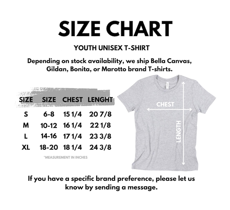 Puede incluir: Tabla de tallas para camisetas unisex para j&oacute;venes, con medidas en pulgadas. La tabla incluye tallas S, M, L y XL, detallando las dimensiones del pecho y la longitud. Se muestra un gr&aacute;fico de camiseta gris claro con indicadores de pecho y longitud.
