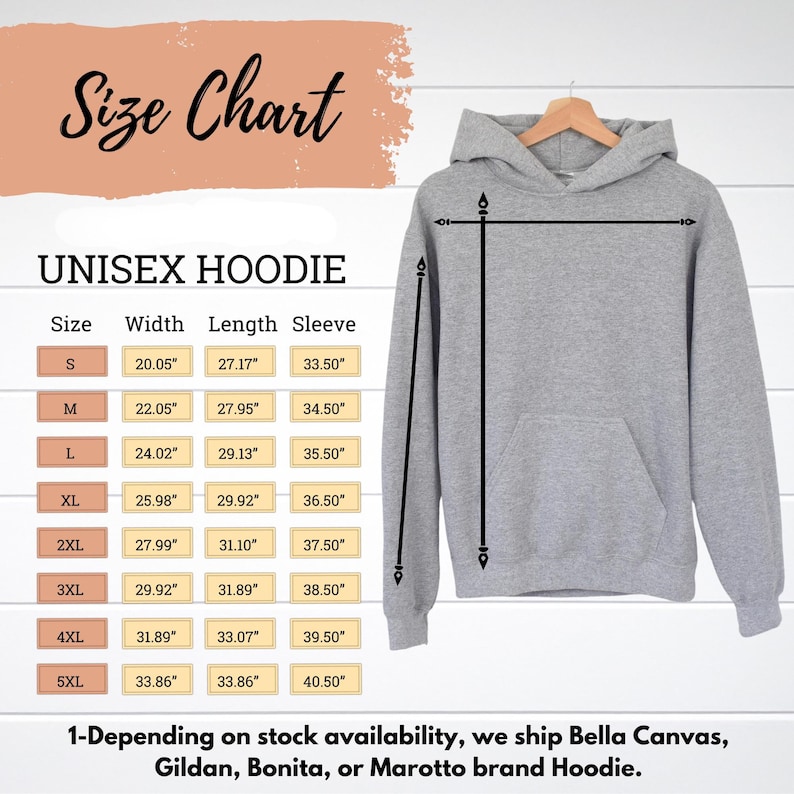 Puede incluir: Una sudadera con capucha unisex gris con una tabla de tallas. La tabla enumera las tallas S a 5XL, con medidas de ancho, largo y largo de manga en pulgadas. El texto "Size Chart" est&aacute; en la parte superior.