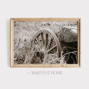 Rustic Wagon Wheel Poster, Frosty Morning Print, Farmhouse Decor, Wagon Wheel Wall Art, Rustic Farm Printable, Neutral Photography