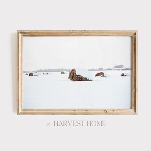 Winter Hay Field Photo, Snow Covered Landscape, Farm Scenery Print, Rustic Farmhouse Art, Winter Home Decor, Hay Bales In Snow Printable