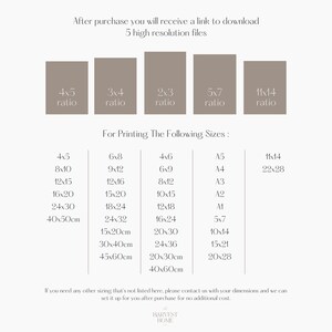 May include: A chart showing different aspect ratios for digital images and their corresponding print sizes in inches and centimeters. The chart includes ratios like 4x5, 3x4, 2x3, 5x7, and 11x14. The text "For Printing The Following Sizes:" is at the top of the chart.