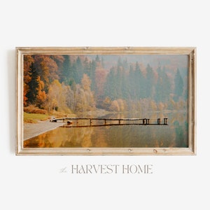 Samsung Frame TV Art | Wooden Dock Over Lake TV Art | Autumn Lake Forest TV Decor | Dock On Mountain Lake Tv