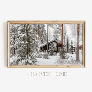 Cabin In The Woods | Samsung Frame TV Art | Snow Covered Forest TV Art | Rustic Snowy Cabin TV Decor