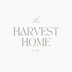 May include: The Harvest Home & Co. logo features a stylised script font in brown. The word "Harvest" is in a larger font size than the word "Home". The word "Home" is in a smaller font size and is positioned below the word "Harvest". The words "& Co." are in a smaller font size and are positioned below the word "Home".