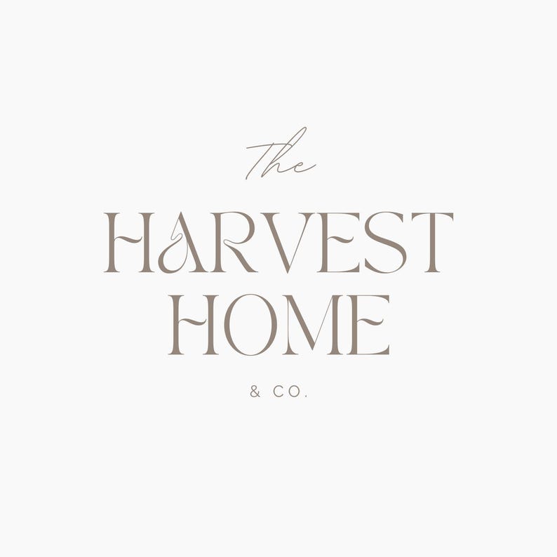 May include: The Harvest Home & Co. logo features a stylised script font in brown. The word "Harvest" is in a larger font size than the word "Home". The word "Home" is in a smaller font size and is positioned below the word "Harvest". The words "& Co." are in a smaller font size and are positioned below the word "Home".