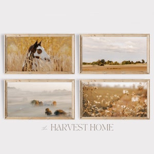 Warm Farm Scenery TV Art SET | Horse In Wheat Field TV Art | Sweeping Landscape | Foggy Autumn Homestead Tv Decor