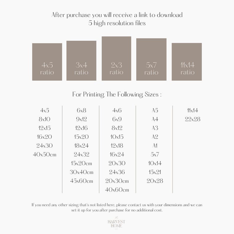May include: A chart showing different aspect ratios for digital images and their corresponding print sizes in inches and centimetres. The chart includes ratios like 4x5, 3x4, 2x3, 5x7, and 11x14. The text "For Printing The Following Sizes:" is at the top of the chart.